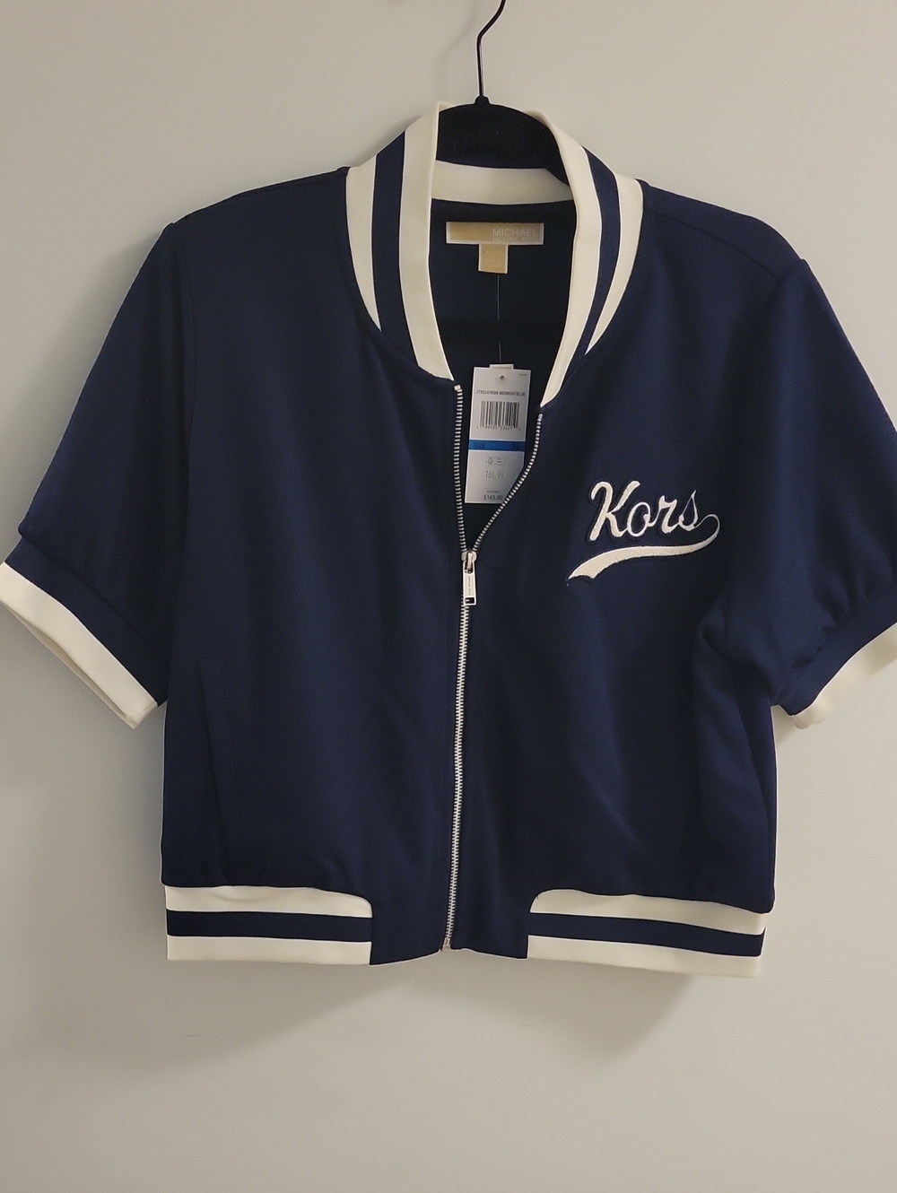 Michael Kors Womens Navy and White Short-Sleeve Varsity Jacket Size Xl